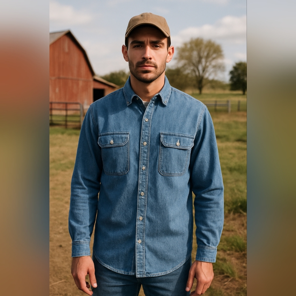 Polo‎ Ralph Lauren 90s Mens Dungaree Workshirt Medium Wash Denim Button Up
